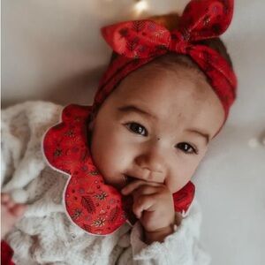 Red Floral Baby Headband and Scalloped Bib Set